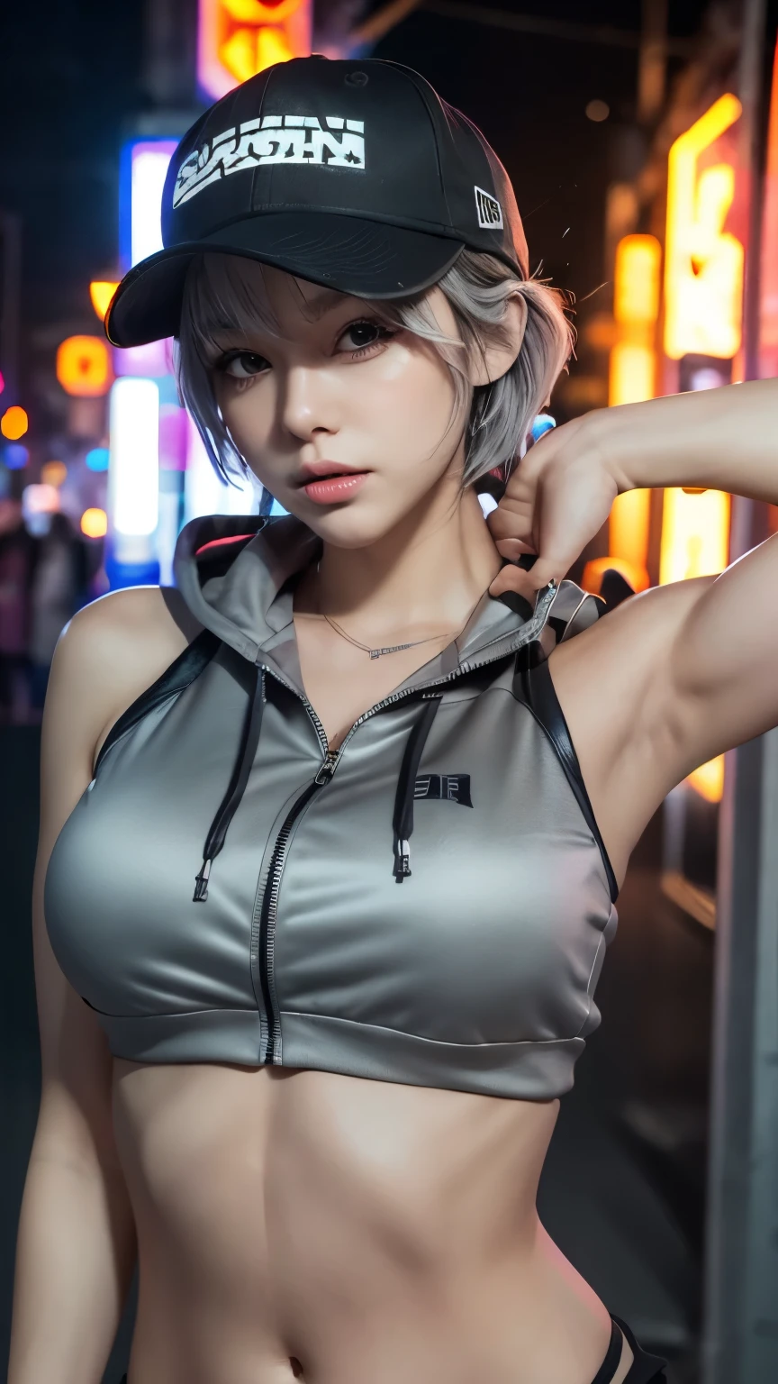 masterpiece, top quality , very detailed, 8k, realistic , One Girl , Alone, tomboy , very detailed face, (Upper body photo:1.5), Cyberpunk's neon-lit futuristic city 、 Neon lights illuminate the scene , At night, cyberpunk art, 32K, , UNREAL ENGINEレンダリング, Stand in front of a wall covered with cinematic lighting hip-hop graffiti, pixie cut gray hair , He's wearing a short tank top and a zippered hoodie.....,I can see your chest,Nice ass,Wear a New Era cap