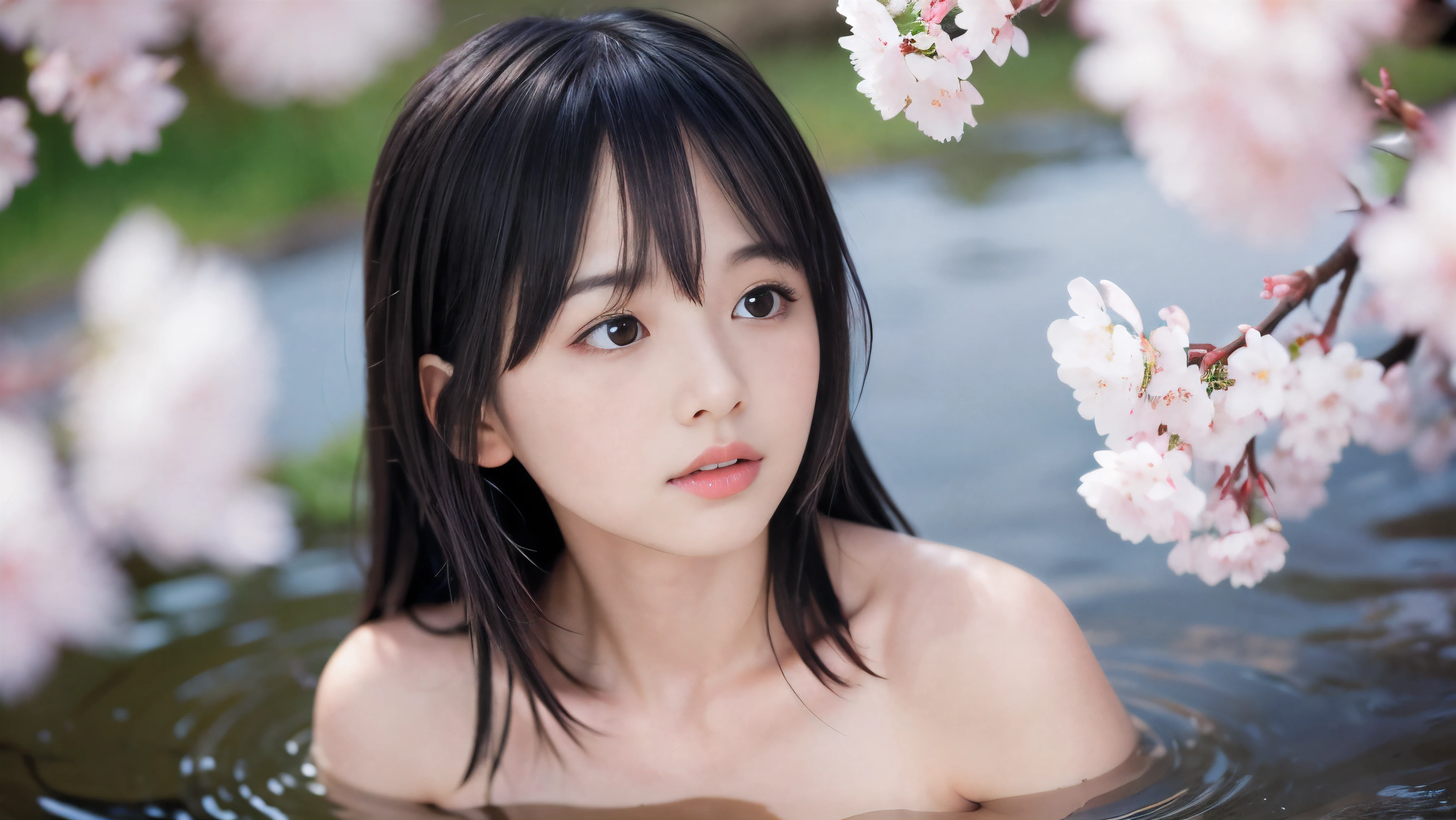 (High angle shot of a naked slender small breasts two side up black medium hair with bangs girl:1.5)、(Naked girl is soaking in a milky color Japanese onsen outdoors and looking up the sky:1.5)、(Outdoor Japanese onsen with milky white color and it has full bloom cherry blossoms:1.5)、(blurred background:1.5)、(Natural light:1.5)、(8k ultra detailed master piece:1.5)、(perfect anatomy:1.5)、(Photorealistic stick:1.5)、(Raw photo:1.3)、(highest quality:1.5)、(High resolution:1.3)、(Delicate and beautiful perfect face:1.3)、(Delicate and beautiful eye air skin:1.3)、(Real Human Skin:1.3)、((thin legs))