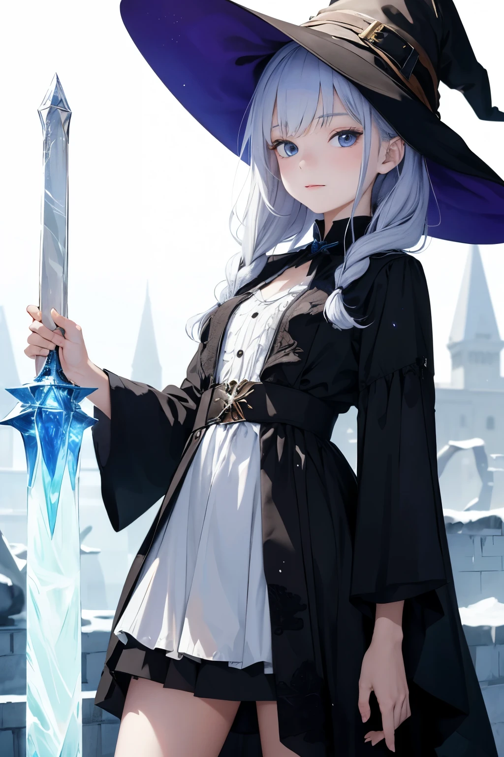 a mature and tall adult woman, the woman is a mage and wears deep white robes with a large witch hat. the woman is using a large crystal staff and the scenario around her is of dark void