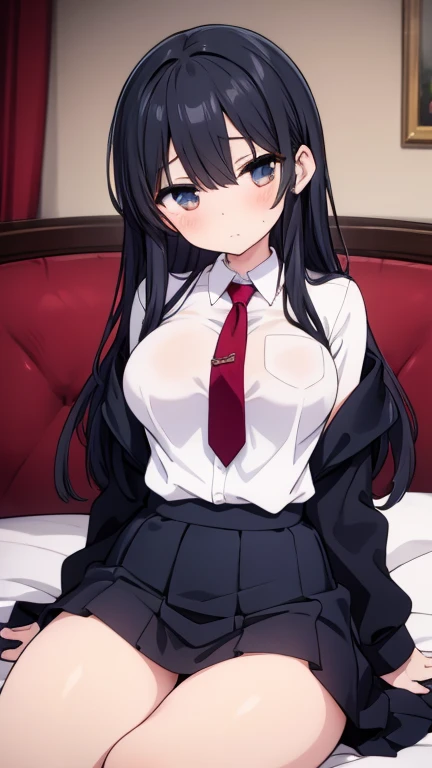 1girl, office, ((shirt)), (angry), ((hourglass figure)), black tights, (from below), looking at viewer, ((thick thighs)), ((pussy)), ((lingerie)), nipples, (sitting), ((close up))