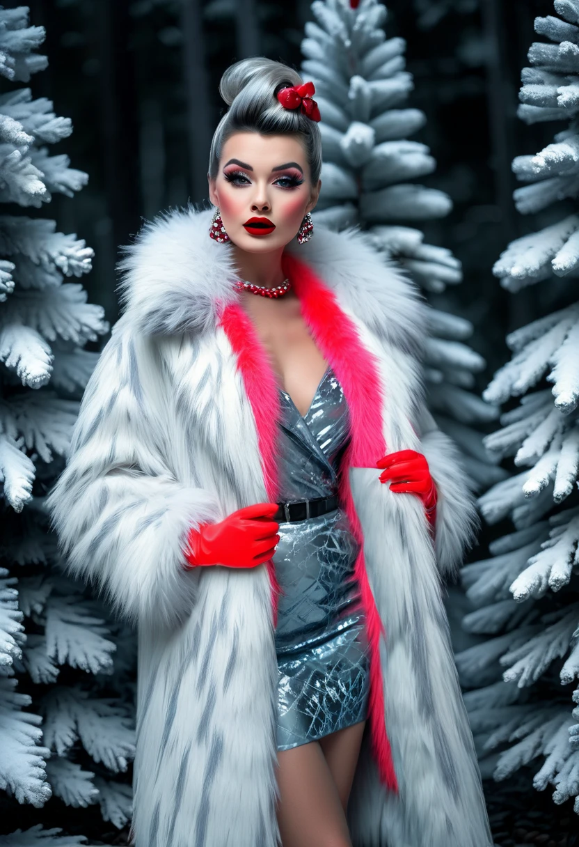 underground pin up lady full-length, christmas trees, pinecones, red lipstick, bright shadow and eyeliner, dressed in white fur coat, , high contrast neon colors, high resolution, high detail [elegant winter palette, with a combination of dark slate gray (#2f4f4f4f), light steel blue (#b0c4de), white (#ffffffff), dark gray (#a9a9a9a9) and slate gray (#708090), creates a sophisticated and serene atmosphere through the