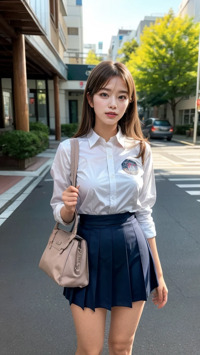 a beautiful 18 year old Japanese high school girl with perfect anatomy, healthy thighs, beautiful legs, beautiful skin, random hair color and style, large breasts, (wearing a Japanese schoolgirl uniform:1.3), (she is standing:1.2), penny loafers, holding a student bag, full body shot, standing on a city street, (best quality,4k,8k,highres,masterpiece:1.3),(extremely detailed:1.2), photorealistic, ultra-detailed, vivid colors, studio lighting, professional, Ami Inamura