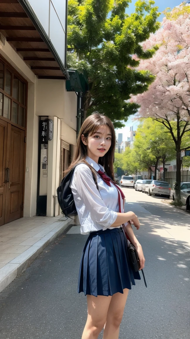 a beautiful 18 year old Japanese high school girl with perfect anatomy, healthy thighs, beautiful legs, beautiful skin, random hair color and style, large breasts, (wearing a Japanese schoolgirl uniform:1.3), (she is standing:1.2), penny loafers, holding a student bag, full body shot, standing on a city street, (best quality,4k,8k,highres,masterpiece:1.3),(extremely detailed:1.2), photorealistic, ultra-detailed, vivid colors, studio lighting, professional, Ami Inamura