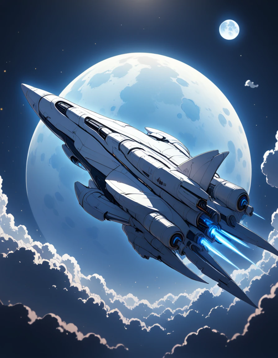 Detailed 8k cute blue space warjet theme with moon background