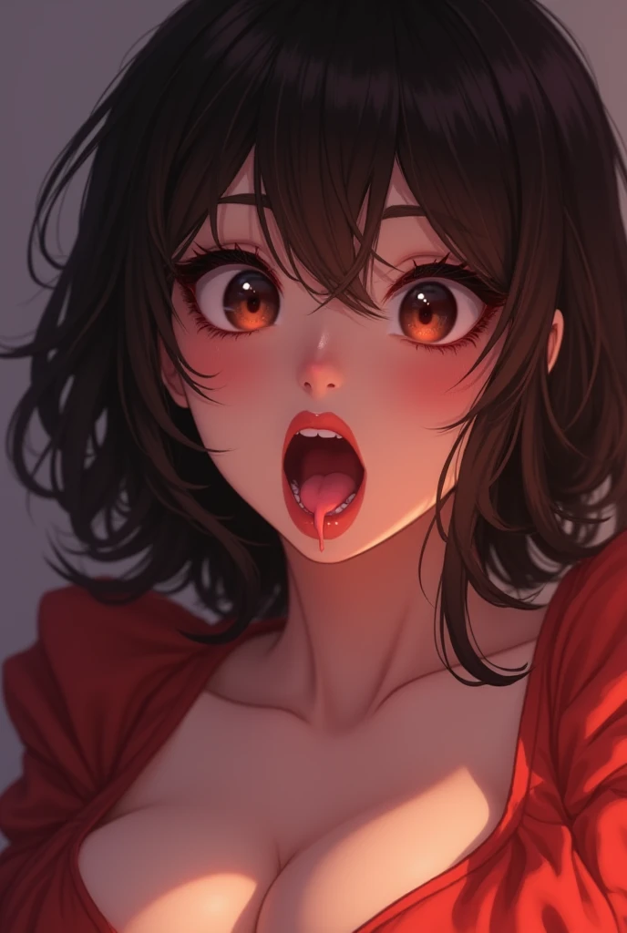 Solo, score_9,score_8_up score_7_up, anime girl, cat ears, female, sitting, on a bed, (high angle shot:1), close up, close up on face, open mouth, tongue out, (extreme close up focus on mouth:1.1), focus on mouth, tongue, uvula, macro shot, looking up at viewer, looking upwards at viewer, red robes, wet saliva, saliva dropping down, horny