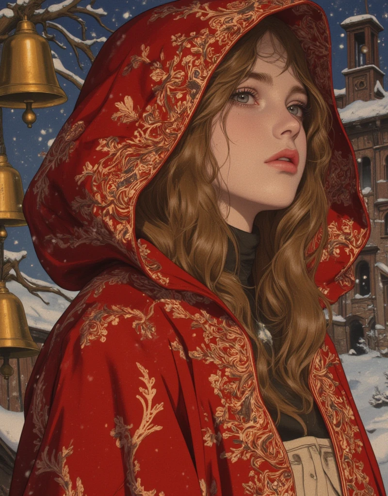 Beautiful girl in classic red Christmas hooded cloak for the holidays, The Little Match Girl, She was selling matches barefoot in the cold without any shoes on, The girl lit a match to try to get a little warmer. Background of a bell tower with hanging gold bells, Beautifully detailed face, Beautifully detailed lips, Highly detailed hair, Long eyelashes, Intricate embroidered pattern on the cloak, Sad mood, Fantasy art in a sad winter setting, fairytale, Rich colors, Vibrant painting, vintage, egmid, in the style of james-jean