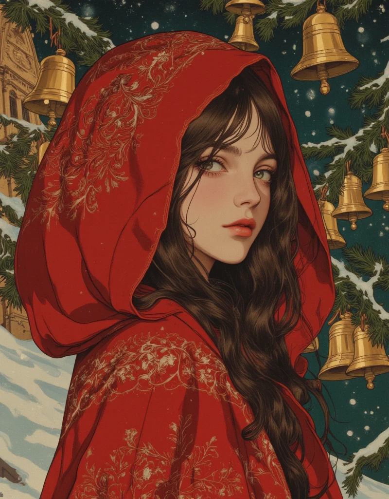 Beautiful girl in classic red Christmas hooded cloak for the holidays, The  Match Girl, She was selling matches barefoot in the cold without any shoes on, The girl lit a match to try to get a little warmer. Background of a bell tower with hanging gold bells, Beautifully detailed face, Beautifully detailed lips, Highly detailed hair, Long eyelashes, Intricate embroidered pattern on the cloak, Sad mood, Fantasy art in a sad winter setting, fairytale, Rich colors, Vibrant painting, vintage, egmid, in the style of james-jean