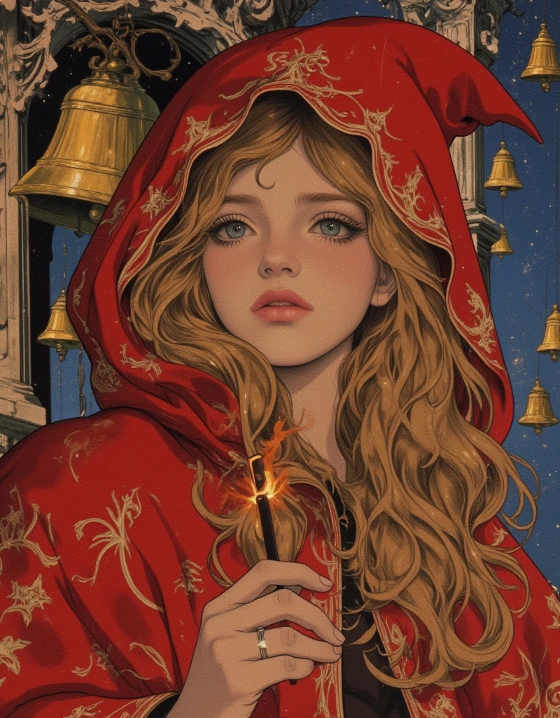 Beautiful girl in classic red Christmas hooded cloak for the holidays, The Little Match Girl, She was selling matches barefoot in the cold without any shoes on, The girl lit a match to try to get a little warmer. Background of a bell tower with hanging gold bells, Beautifully detailed face, Beautifully detailed lips, Highly detailed hair, Long eyelashes, Intricate embroidered pattern on the cloak, Sad mood, Fantasy art in a sad winter setting, fairytale, Rich colors, Vibrant painting, vintage, egmid, in the style of james-jean