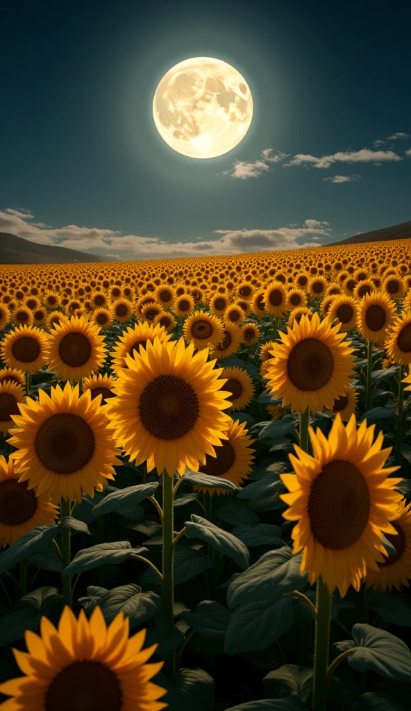 A highly detailed photograph of a field of sunflowers. The background is a beautiful full moon and a sky with few clouds. Everything is illuminated by moonlight. UHD, photorealistic, masterpiece, best quality, 16K