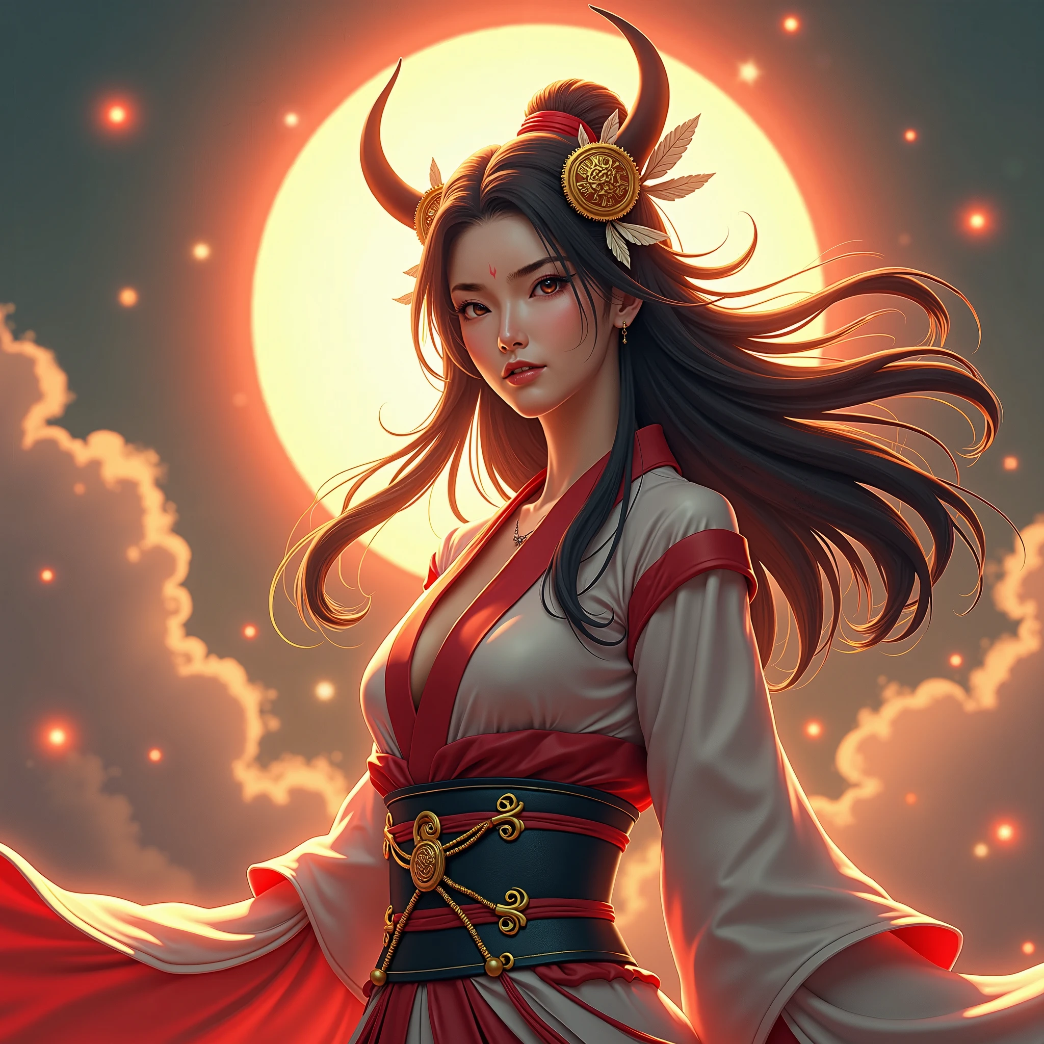 1girl, liuyun, fire ball, long hair, floating hair, hair flower, eastern dragon, red and white, upper body, looking at viewer,