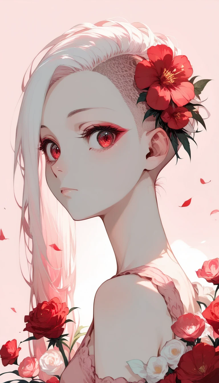 ( complicated details,  beautiful:1.2), Punk Girl, Alone, flower,  red eyes, White Hair, Red Flower,  hair flower, White Flower,  hair accessory as Kamui , from side,  simple background,  upper body, Glancing sideways,  are expressionless, ( pale pink theme with both sides of her head shaved:1.3),  Facing Side , が頭の両側を剃った