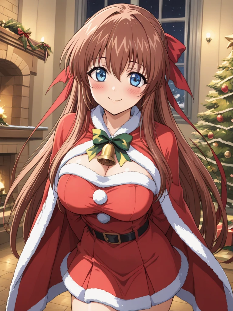 masterpiece, best quality, KanzakiAoi, 1girl, solo, long hair, brown hair, blue eyes, large breasts, hair ribbon, smile, happy, blush, santa, Red Cloak and Bells, x'mas, x'mas party, cinematic angle,