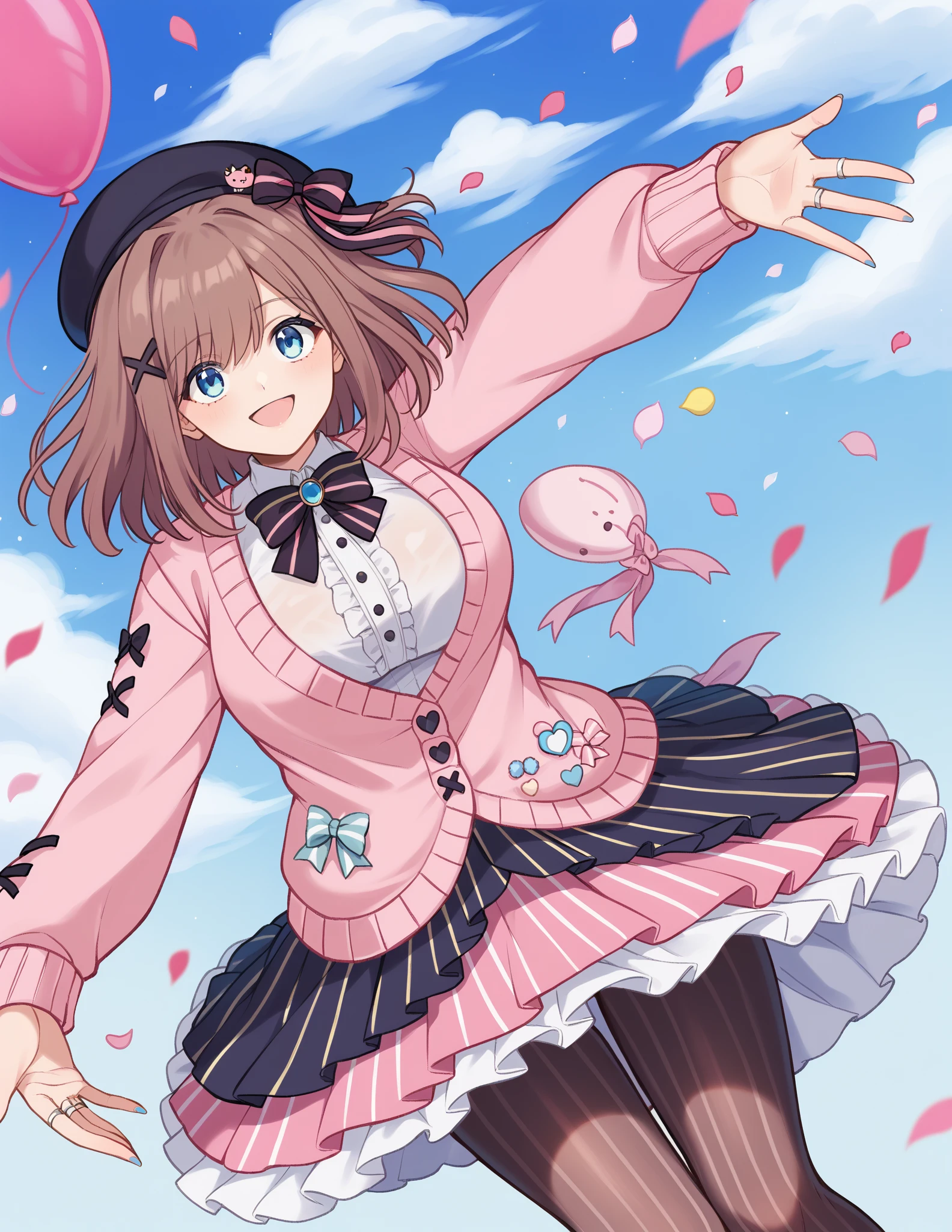 score_9, score_8_up, score_7_up, source_anime, rating_safe, BREAK suzuhara lulu, 1girl, virtual youtuber, brown hair, medium hair, blue eyes, large breasts, black beret, hair bow, striped bow, pink bow, x hair ornament, white shirt, striped bowtie, black bowtie, jewelry, center frills, pink cardigan, multicolored bow, long sleeves, black bow, blue nails, ring, layered skirt, pink skirt, pink stripes, vertical-striped skirt, vertical-striped pantyhose, outstretched arms, reaching towards viewer, dutch angle, smile, happy, eye focus, floating, floating hair, confetti, falling petals, wind, flower, balloon, blue sky, cloud