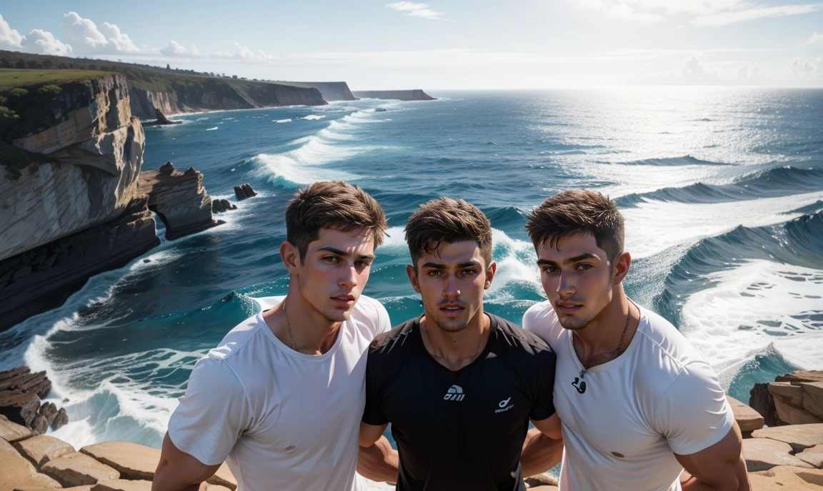 realistic. trio standing close together in the center of the image. trio of stunning gorgeous masculine sexy Australian adult males standing on a beach in summer, board shorts & open shirts, ((trio have different physical features & eyes:1.5)), ((aged 19:1.5)), ((aged 26:1.5)), ((aged 33:1.5)), (((trio all have a unique masculine face:1.5))). ((trio looking at the camera:1.5)). location in the background is seal rocks, NSW, Australia.