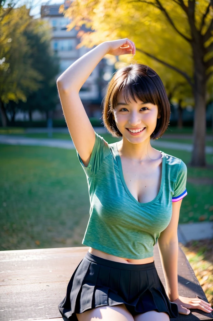 (masterpiece, best quality, perfect anatomy, highres, 8k, realistic, photorealistic, natural skin texture, no makeup:1.2), 1girl, solo, Japanese, age20, very cute, chic female university student, (large breasts:1.4), autumn vibes, sitting on a park bench, stretching with her arms behind her head, looking at viewer, devilish smiling, (Her breasts is slightly forward, and she has one knee raised while sitting:1.2), She is wearing a sporty top, mini skirt, and sneakers, Her short bob hairstyle adds a youthful, energetic feel, The soft morning sunlight shines on her, casting a warm glow around the scene, The background shows a peaceful park setting, The image is in portrait orientation, nekogao