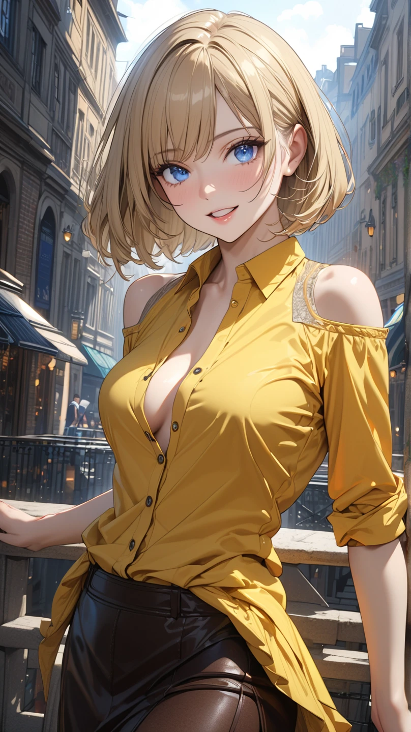 perfection、(Artificial Human Room No. 18, Blonde、short hair, Blue Eyes、Large Breasts)、Professional illustrations、Professional Lighting、Light and shadow、Extremely detailed depiction、Detailed face、Detailed eyes。(jeans、White shirt、Black vest、Leather Belt、Earrings、Pearl Necklace)、sexy、Browsing Caution、Cowboy Shot、Best Angle、(Neon Town、Laughs and Tears、Drunk)