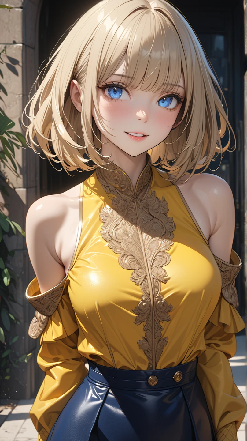 detailed eyes, Perfect features, (masterpeace, best quality, good quality:1.4), masterpeace, intricate details, smile, smile, smile, blue eyes, solo, 1girl,