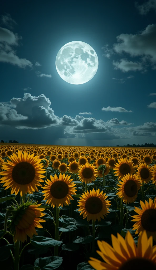 A highly detailed photograph of a field of sunflowers. The background is a beautiful full moon and a sky with few clouds. Everything is illuminated by moonlight. UHD, photorealistic, masterpiece, best quality, 16K, studio lighting, dramatic chiaroscuro, cinematic, moody lighting, dramatic shadows, rich colors, vibrant, intricate details, hyperrealistic