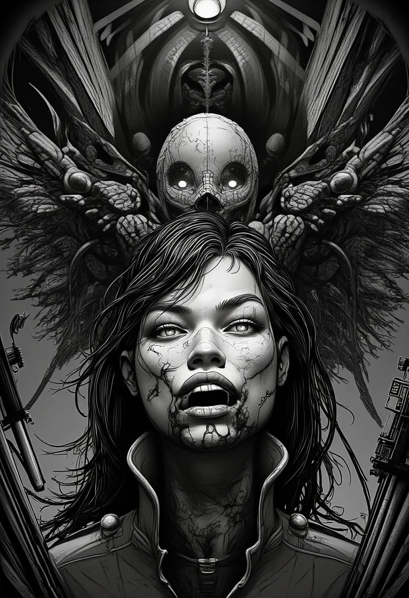 Panel 2: A dark background begins to invade the scene ,  as if pulling the reader into a dream . . Based on the text above, create a black and white noir comic style image keeping the same seed as the black and white character noir and keeping the same seed as the character, artwork, main art,  highly detailed official art ,  High Quality 8K , Epic european Art, official poster art, high definition art, Art in 4 