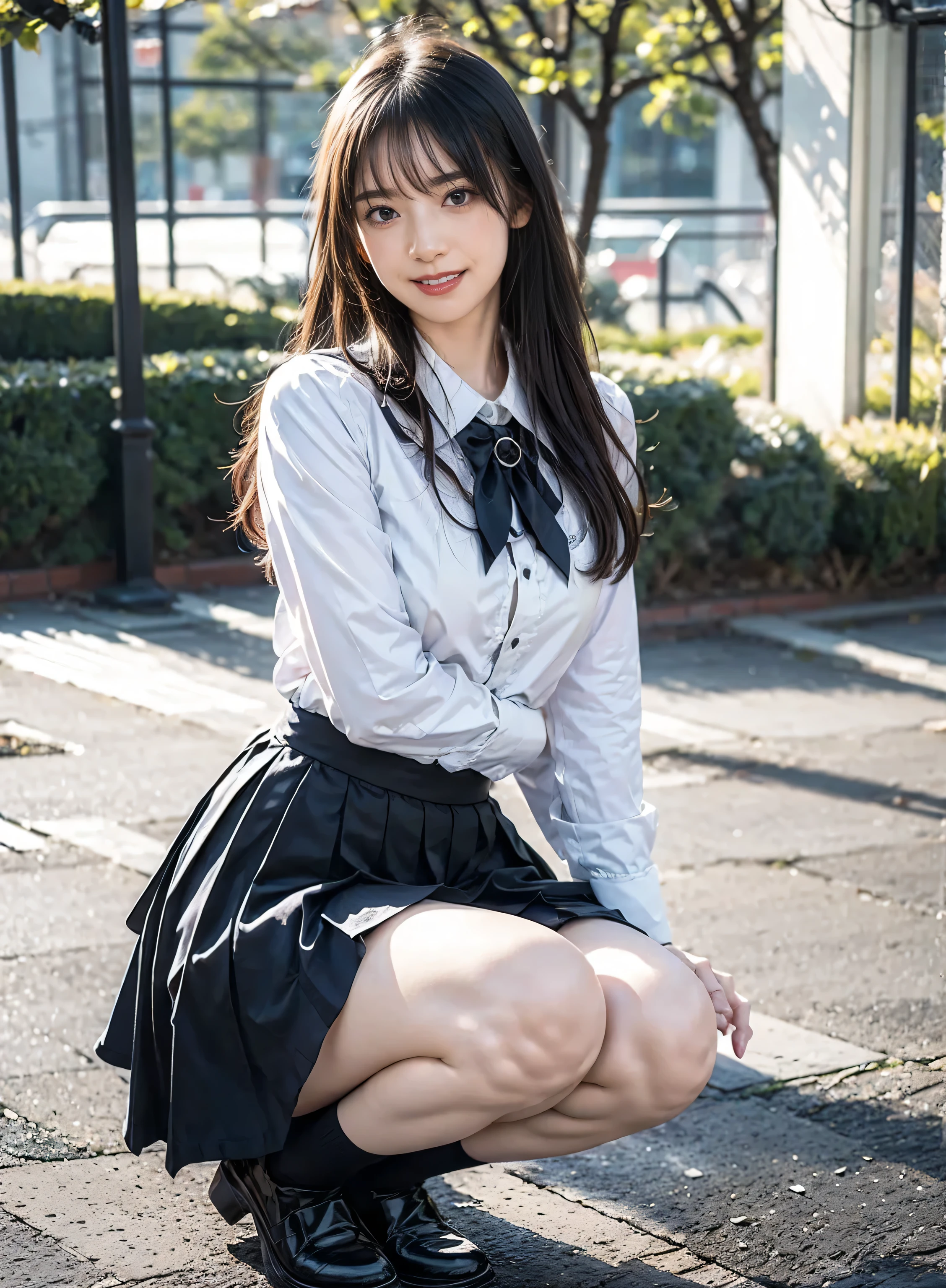 arafed asian woman in a skirt and a white shirt posing for a picture, japanese school uniform, japanese girl school uniform, wearing japanese school uniform, young gravure idol, realistic young gravure idol, young pretty gravure idol, Seifuku, cute schoolgirl, young skinny gravure idol, japanese model, jk uniform, beautiful anime high school girl, smile, wear black thigh high socks, Wear loafers, video , long foot, slender , whole body, long black hair straight,