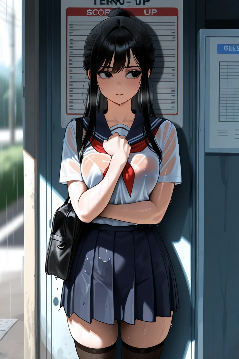 female anime character, wearing high school uniform, long black hair, black eyes,bring her school bag ,ideal body, with short skirt and stockings,short sleeve white shirt,Standing at the bus stop, her body was wet because of the rain, so her body was transparent,her black lacy see through undergarments, her face blushed while feeling cold,pose shivering,hugging herself,very wet