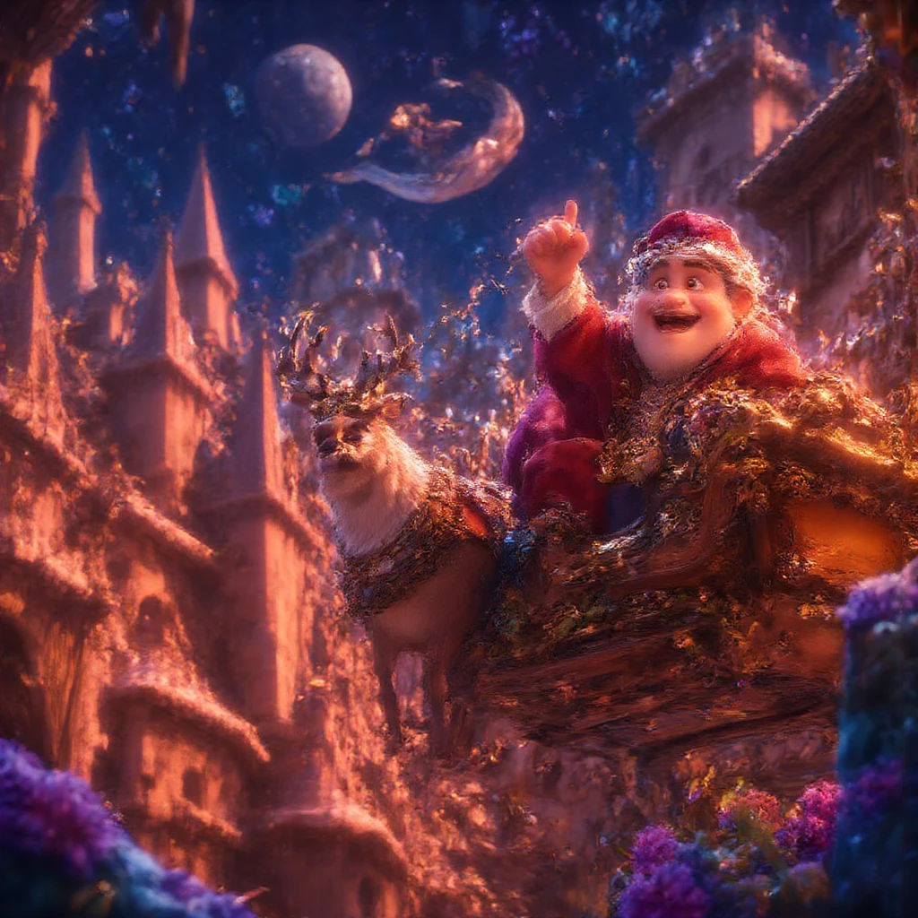 highly detailed, dynamic, cinematic, stunning, realistic lighting and shadows, vivid, vibrant, octane rendering, Unreal Engine, highly detailed, concept art, realistic, cry engine, (dramatic, grainy, intense: 1.4), highest quality, 32k uhd, incredibly detailed, intricately detailed, ultra detailed, ultra high quality, high detail, ultra detailed, masterpiece, A magical 3D Disney-style animation scene of (huge muscular Santa Claus) riding his sleigh, pulled by eight majestic reindeer, soaring high across a starry Christmas Eve sky. huge muscular Santa, dressed in his classic red suit and hat, waves cheerfully as he prepares to deliver presents to ren around the world. The sleigh sparkles with golden magic dust trailing behind, adding a whimsical glow to the scene. Below, a picturesque town is beautifully decorated with festive Christmas lights, with rooftops and trees shimmering in warm colors. The streets are bustling with tiny glowing details of families celebrating indoors. The night sky is deep blue, dotted with twinkling stars and the soft glow of a crescent moon, creating a sense of wonder and warmth. The style is vibrant and colorful, capturing the charm and magic of a Disney animated holiday story.