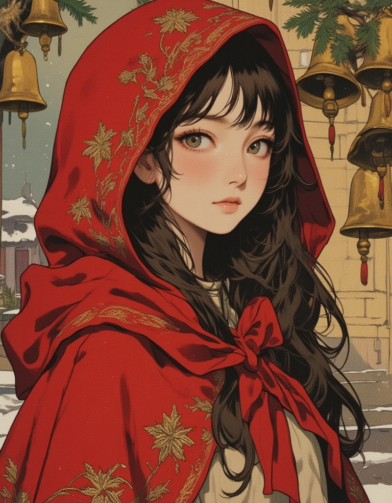 Beautiful girl in classic red Christmas hooded cloak for the holidays, The Little Match Girl, She was selling matches barefoot in the cold without any shoes on, The girl lit a match to try to get a little warmer. Background of a bell tower with hanging gold bells, Beautifully detailed face, Beautifully detailed lips, Highly detailed hair, Long eyelashes, Intricate embroidered pattern on the cloak, Sad mood, Fantasy art in a sad winter setting, fairytale, Rich colors, Vibrant painting, vintage, in the style of james-jean