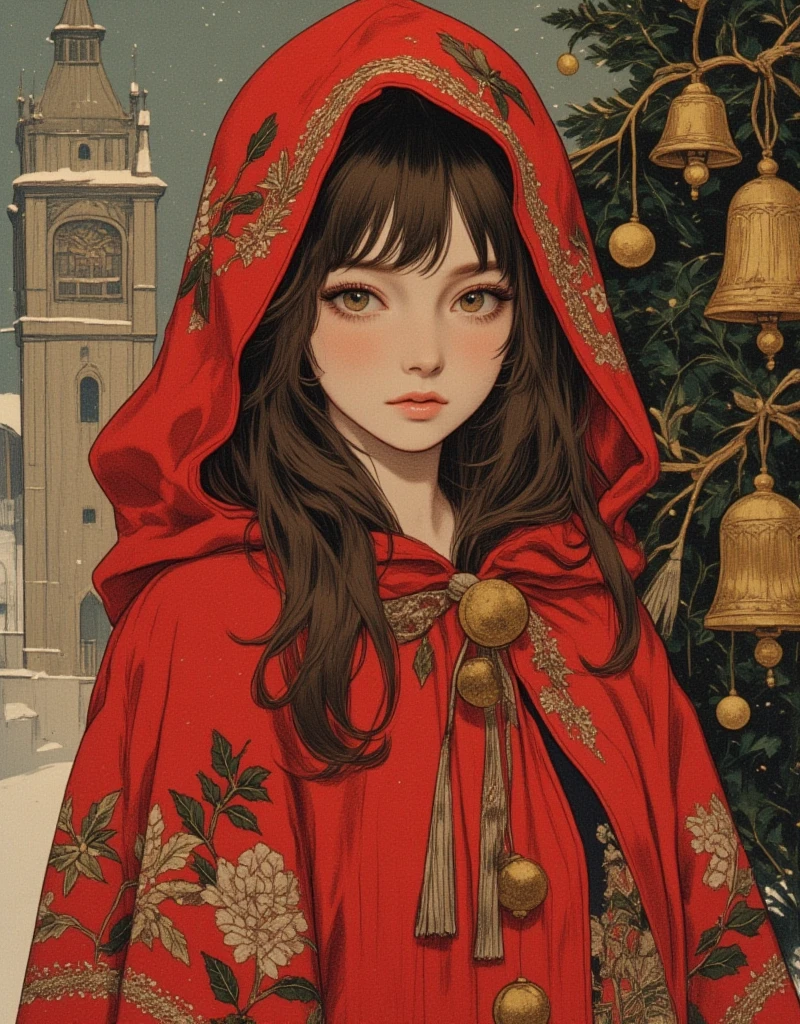 Beautiful girl in classic red Christmas hooded cloak for the holidays, The Little Match Girl, She was selling matches barefoot in the cold without any shoes on, The girl lit a match to try to get a little warmer. Background of a bell tower with hanging gold bells, Beautifully detailed face, Beautifully detailed lips, Highly detailed hair, Long eyelashes, Intricate embroidered pattern on the cloak, Sad mood, Fantasy art in a sad winter setting, fairytale, Rich colors, Vibrant painting, vintage, in the style of james-jean