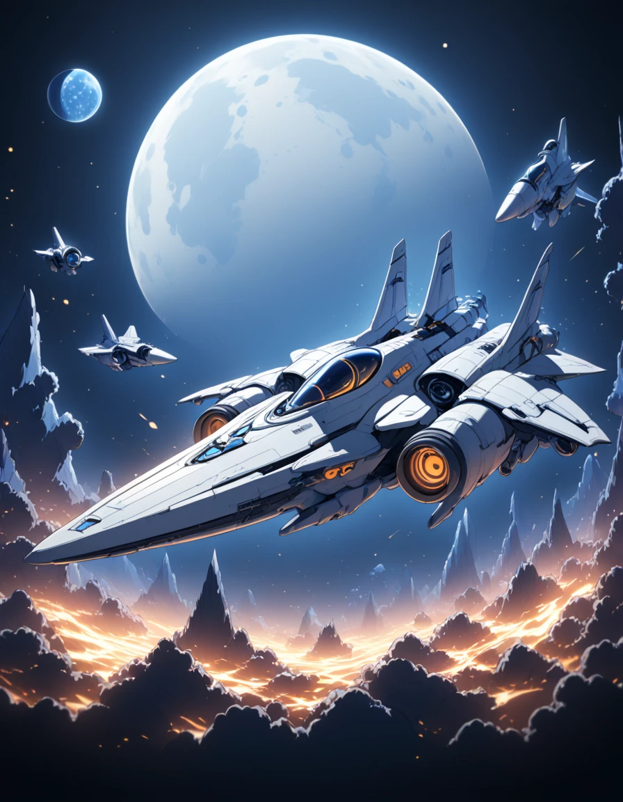 Detailed 8k cute blue space warjet theme with moon background