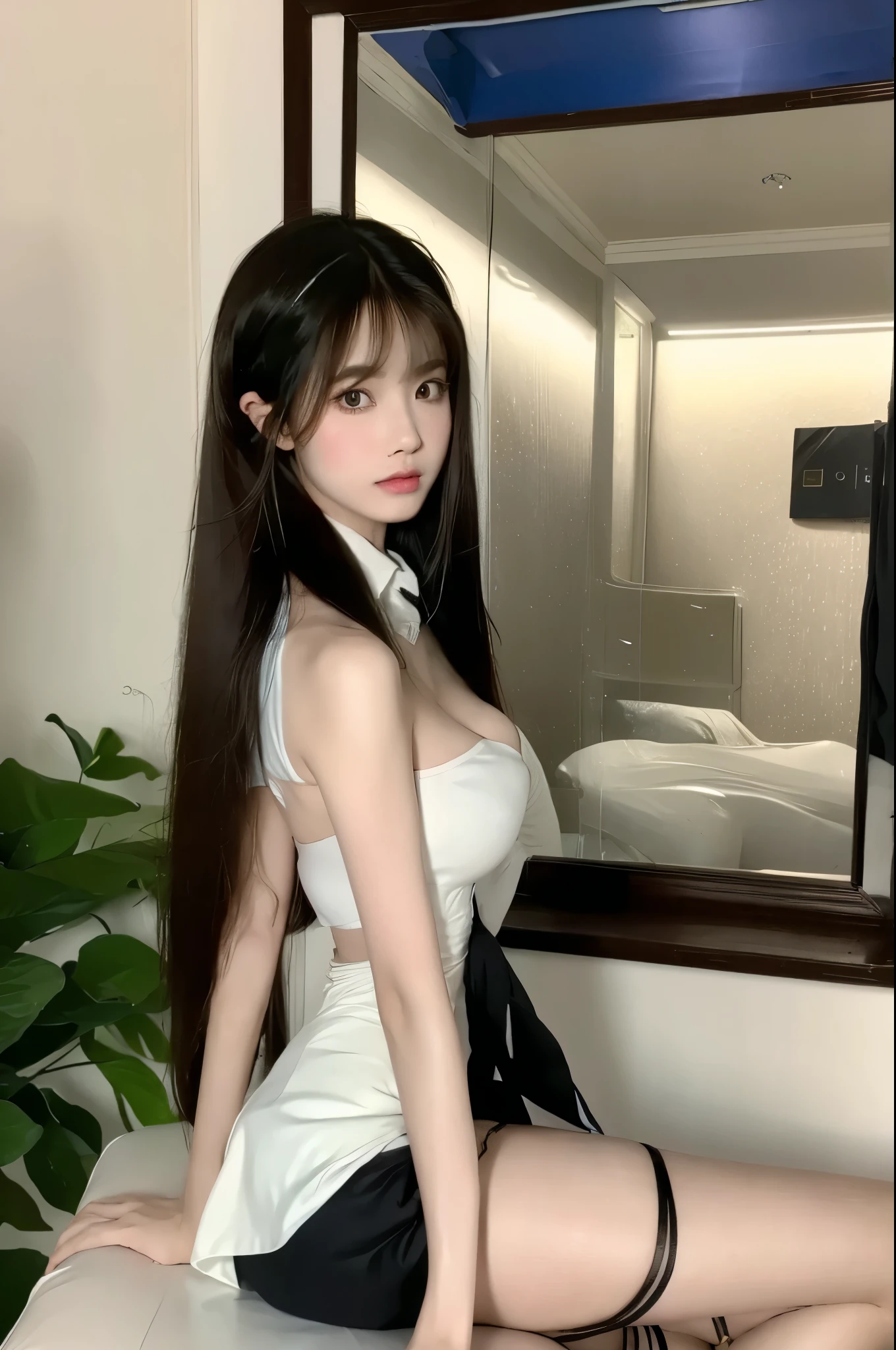   beautiful woman with perfect figure ：1.4，Prominent cleavage，Layered Hairstyle，  highly detailed facial and skin textures ， Double eyelids，Whitening，  long hair，Whitening长腿，（School Uniform）