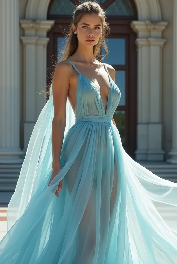 color image, Masterpiece, a beautiful 22 year young woman, ((Marilyn Monroe: Michelle Pfeiffer:0.8)), (wearing an elegant long chiffon dress, covering the floor), (medium breasts), (perfect body), (long blonde hair), she has long braids, off shoulder, ,outside, (skin texture:1.1), best quality, ultra high res, Raw photo, Nikon D850, backlight, rim light, film grain:1.2, (color photo), walking on an asymmetrical stone floor, white and blue tones, path in a jungle cave, (fantasy costume), light hitting her, (movie lighting), ce-girl
