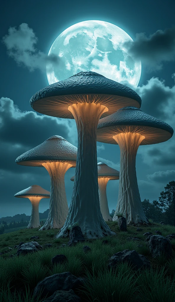 A highly detailed photograph of a field of beautiful giant mushrooms. The background is a beautiful full moon and a sky with few clouds. Everything is illuminated by moonlight. UHD, photorealistic, masterpiece, best quality, 16K, studio lighting, dramatic chiaroscuro, cinematic, moody lighting, dramatic shadows, rich colors, vibrant, intricate details, hyperrealistic