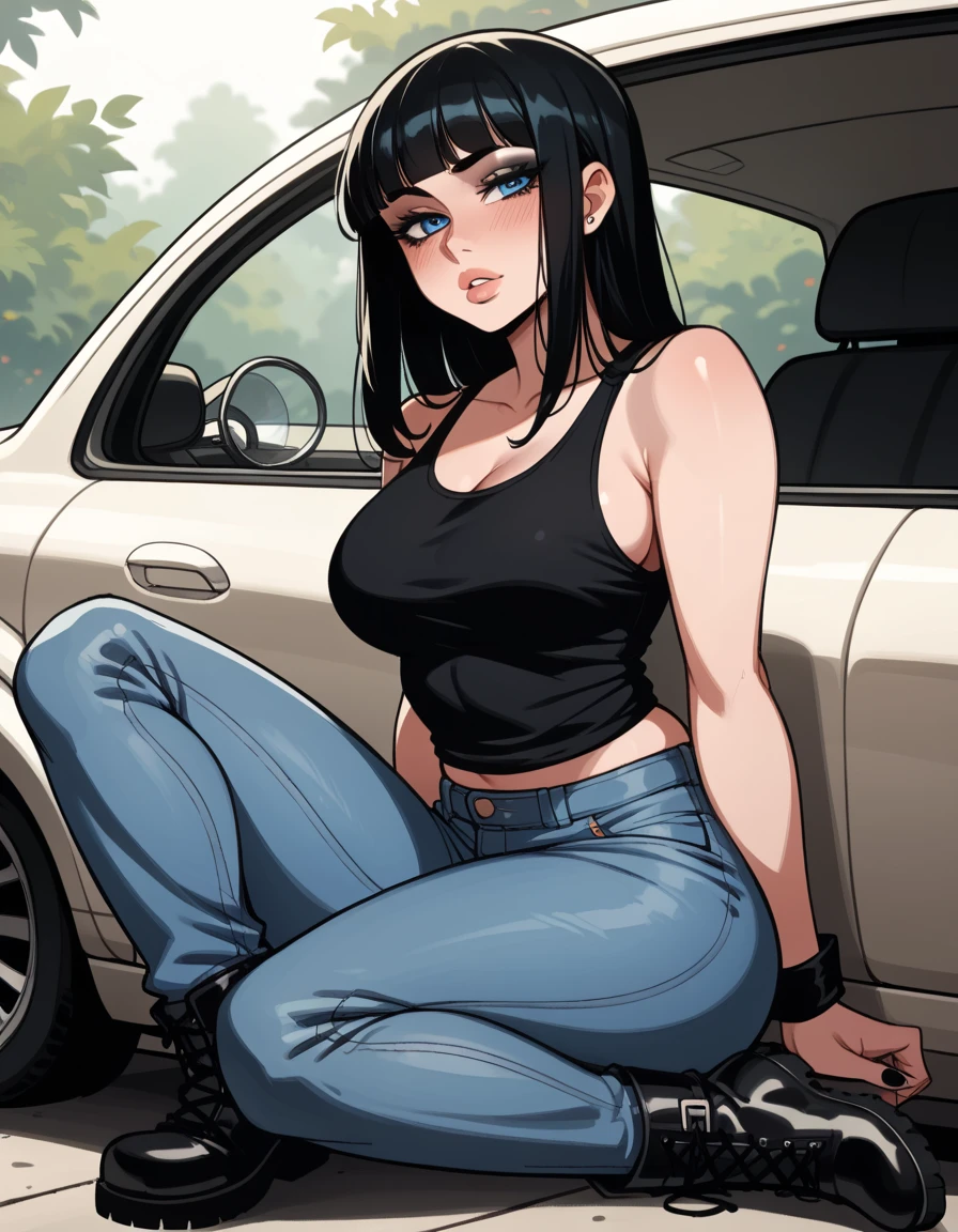    Incredible photo of a sexy woman with long black hair,   fair skin  ,   straight hair with bangs   ,seductive look,   Blue Eyes,soft lips,    blushing intensely   ,(((   black tank top +  tight long jeans  + black ankle boots ))),medium chest,    perfect body,  relaxed,makeup,  thick legs   , Alone,   perfect anatomy  ,sitting on the hood of a car (Dodge Challenger vermelho), clear day