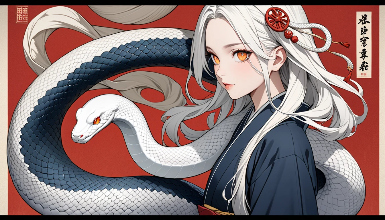 zodiac（snake）Personification of, White Snake, kimono（white）, Kimono remade wide pants, Casual upper body, アクロバティック,  very beautiful face , An innocent modern snake god who plays with a giant white snake, snake hair ornament, orange eyes, snake pupils, Ukiyo-e, depth of field, cowboy shot, UHD, retina, masterpiece, accurate, textured skin, anatomically correct, super detail, high details, high quality, highres, best quality, award winning, 16k