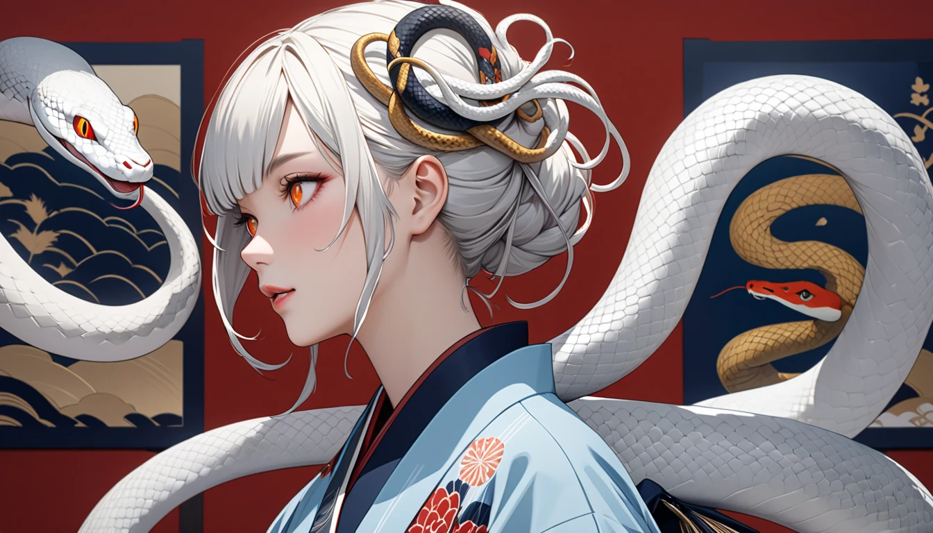 zodiac（snake）Personification of, White Snake, kimono（white）, Kimono remade wide pants, Casual upper body, アクロバティック,  very beautiful face , An innocent modern snake god who plays with a giant white snake, snake hair ornament, orange eyes, snake pupils, Ukiyo-e, depth of field, cowboy shot, UHD, retina, masterpiece, accurate, textured skin, anatomically correct, super detail, high details, high quality, highres, best quality, award winning, 16k