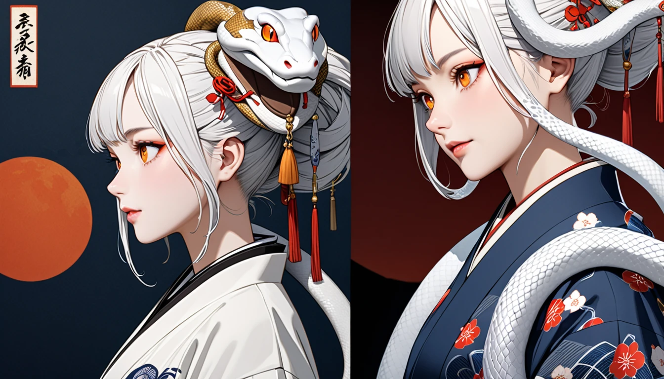 zodiac（snake）Personification of, White Snake, kimono（white）, Kimono remade wide pants, Casual upper body, アクロバティック,  very beautiful face , An innocent modern snake god who plays with a giant white snake, snake hair ornament, orange eyes, snake pupils, Ukiyo-e, depth of field, cowboy shot, UHD, retina, masterpiece, accurate, textured skin, anatomically correct, super detail, high details, high quality, highres, best quality, award winning, 16k