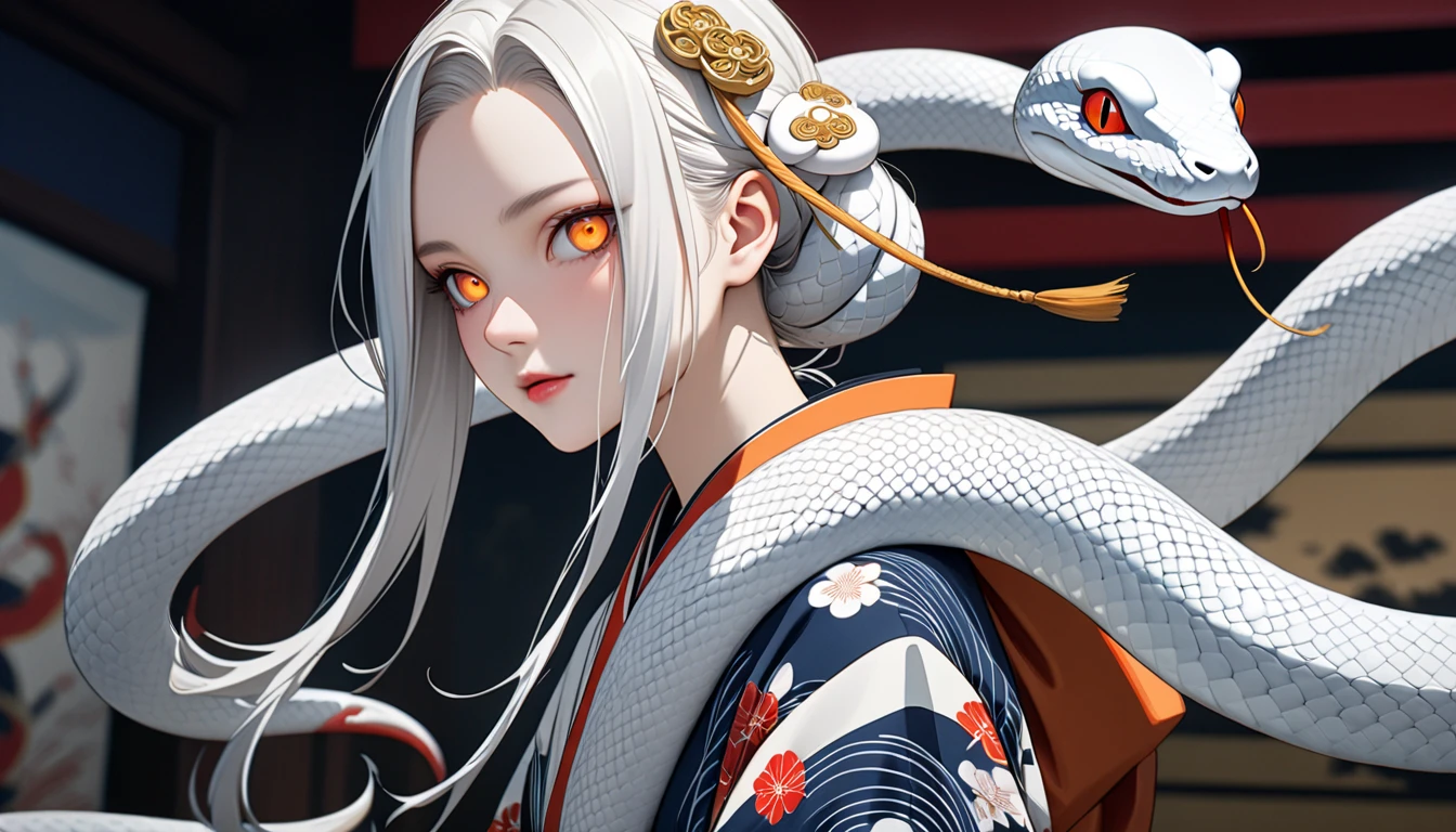 zodiac（snake）Personification of, White Snake, kimono（white）, Kimono remade wide pants, Casual upper body, アクロバティック,  very beautiful face , An innocent modern snake god who plays with a giant white snake, snake hair ornament, orange eyes, snake pupils, Ukiyo-e, depth of field, cowboy shot, UHD, retina, masterpiece, accurate, textured skin, anatomically correct, super detail, high details, high quality, highres, best quality, award winning, 16k