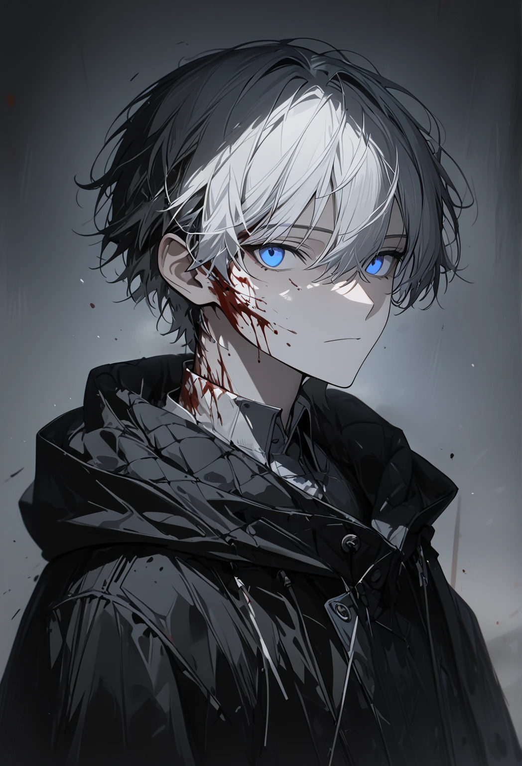 1 male, short hair, white hair with strands of black hair, blue eyes, (best quality,4k,highres,masterpiece:1.2), black coat, dark atmosphere, teenager, expressionless, emotionless., blood on face, murderer