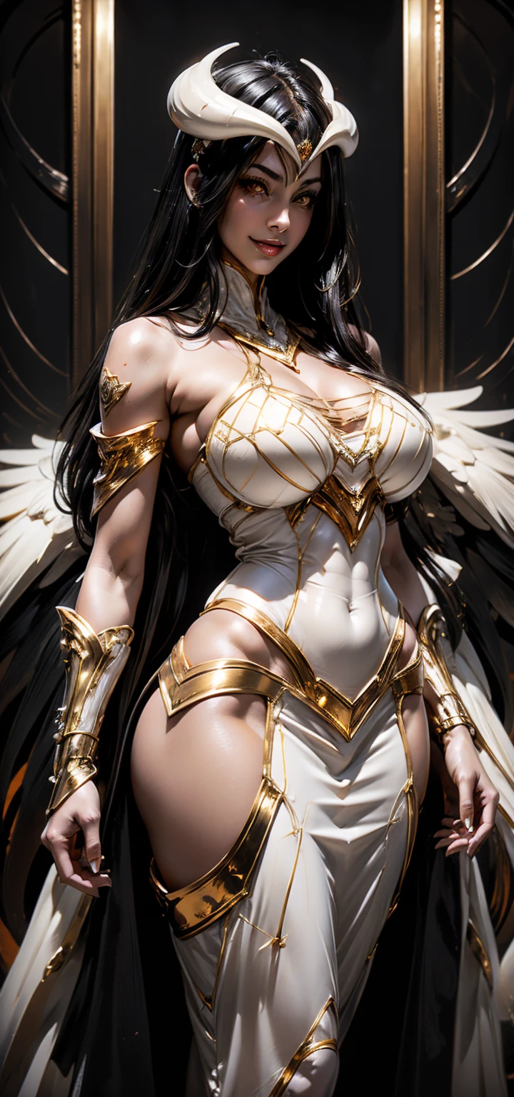 A (super realistic) beautiful sexy woman(albedo _overlord) with (glossy orange eyes) and white attire(detailed with perfect sharpness ) with gold jewellery on sexy breast, beautiful  breast(perfect shape and size), black long beautiful hair, hyper detailed black wings (every thing with best detailing), best pose while standing straight with seducing smile on face in middle, wallpaper pose.