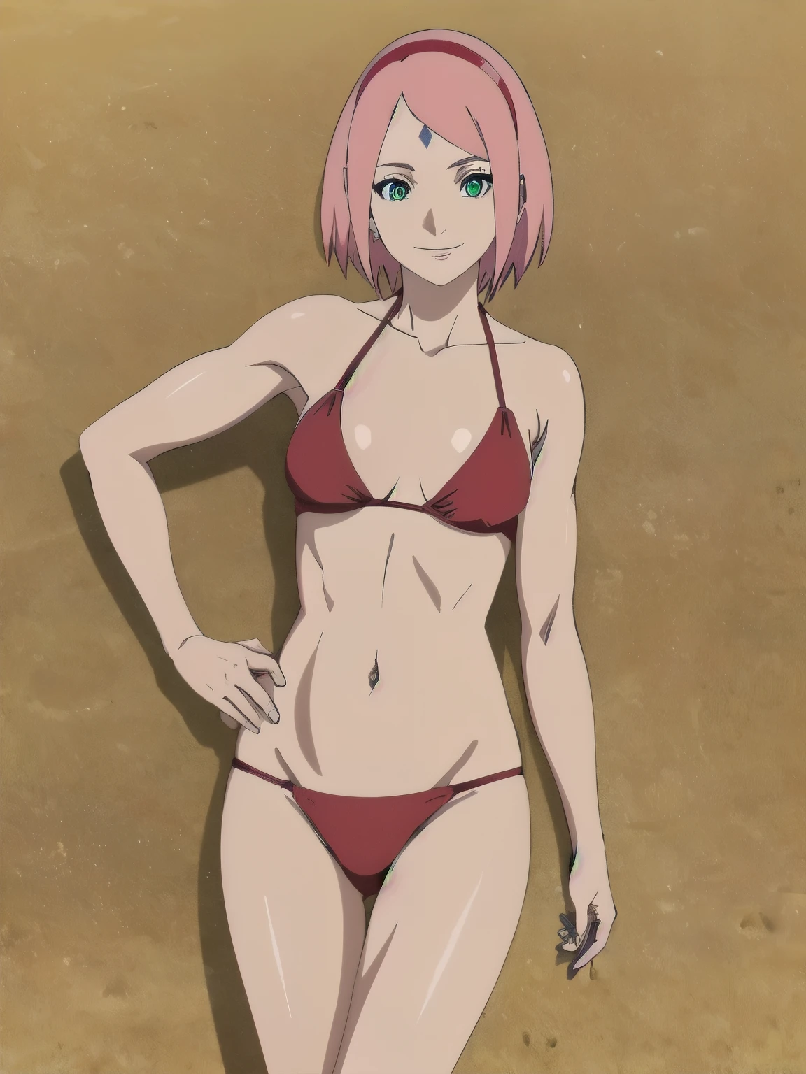 anime style, solo, 1 woman, super ultra details, very high resolution, perfect anatomy, ultra detailed face, high vibrance, (blue light), ((cold colors)), 1girl, haruno sakura, (tall, thin belly, off-shoulders, biceps, closed fists, pale skin, long belly, small breasts, forehead mark), ((micro bikini, red hair band)), l, (beach) floating hair, big smile, cowboy shot, (reddish pink hair, short hair), spring time((((showing asss back view))))((((((35 years old sexy body))))))(((big boobs))))