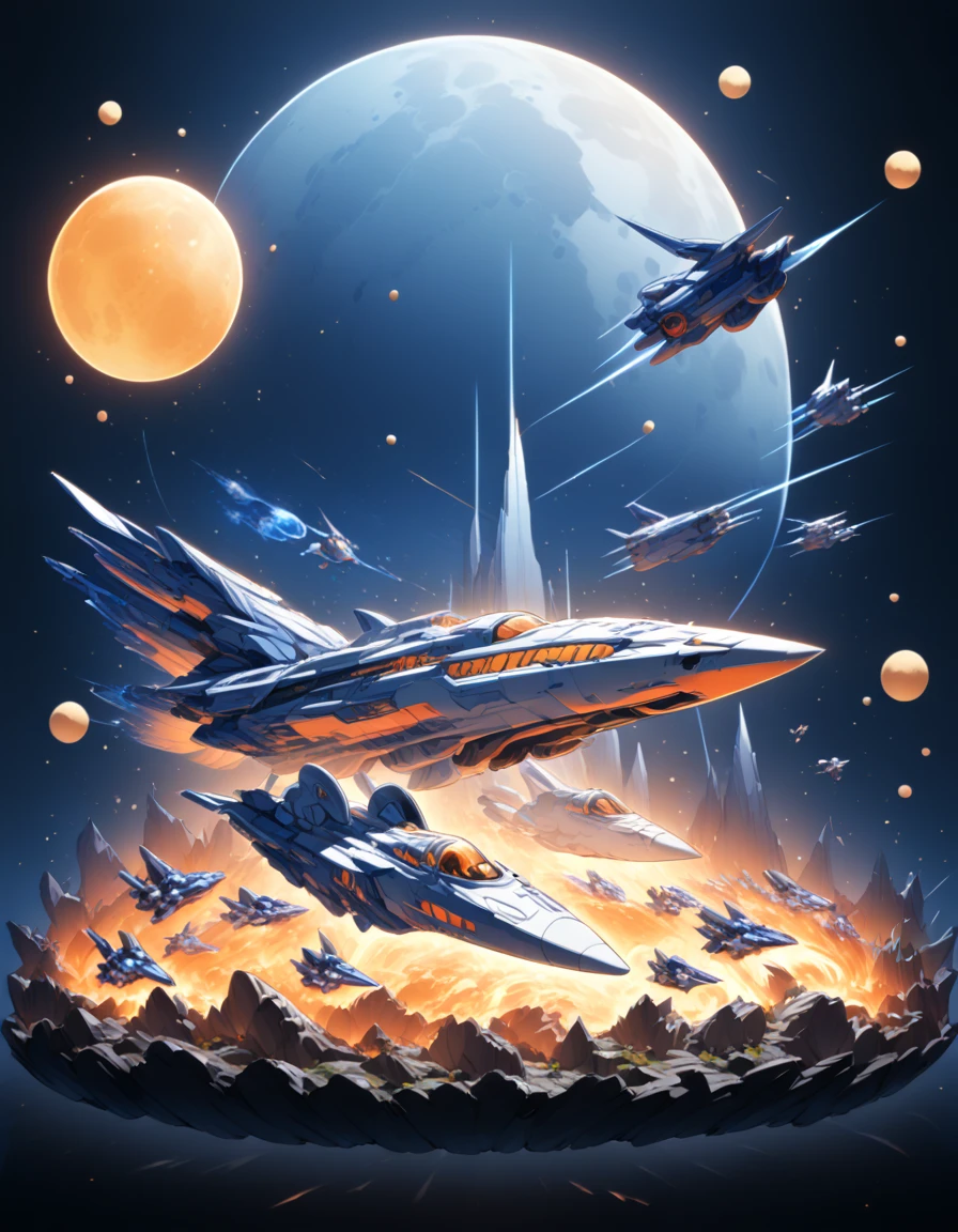 Detailed 8k cute blue space warjet theme with moon background