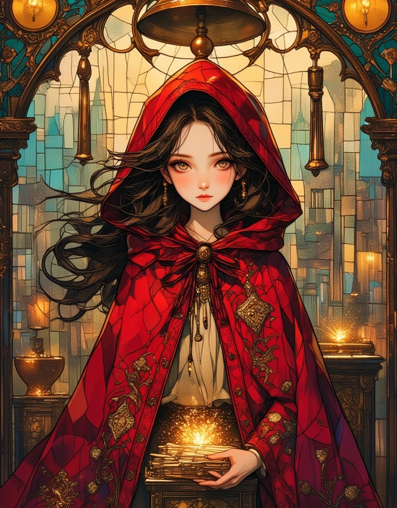 Beautiful girl in classic red Christmas hooded cloak for the holidays, The Little Match Girl, She was selling matches barefoot in the cold without any shoes on, The girl lit a match to try to get a little warmer. Background of a bell tower with hanging gold bells, Beautifully detailed face, Beautifully detailed lips, Highly detailed hair, Long eyelashes, Intricate embroidered pattern on the cloak, Sad mood, Fantasy art in a sad winter setting, fairytale, Rich colors, Vibrant painting, vintage, in the style of james-jean, ArsMJStyle, Stained Glass,