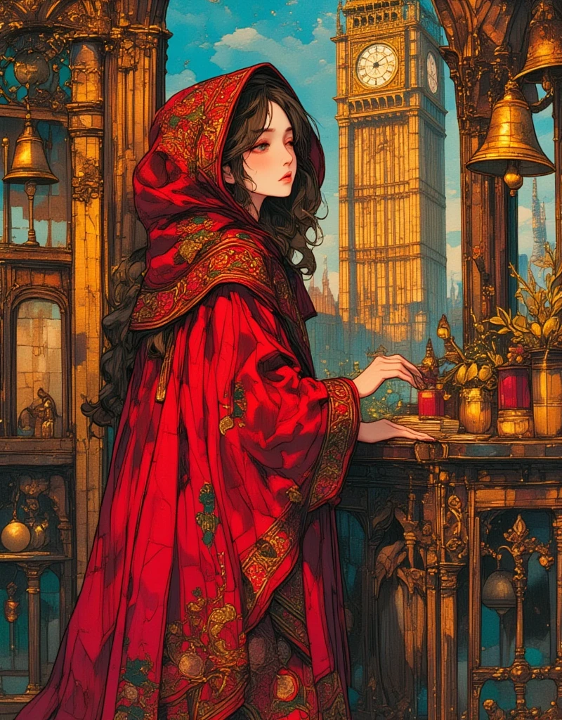 Beautiful girl in classic red Christmas hooded cloak for the holidays, The Little Match Girl, She was selling matches barefoot in the cold without any shoes on, The girl lit a match to try to get a little warmer. Background of a bell tower with hanging gold bells, Beautifully detailed face, Beautifully detailed lips, Highly detailed hair, Long eyelashes, Intricate embroidered pattern on the cloak, Sad mood, Fantasy art in a sad winter setting, fairytale, Rich colors, Vibrant painting, vintage, in the style of james-jean, ArsMJStyle, Stained Glass,