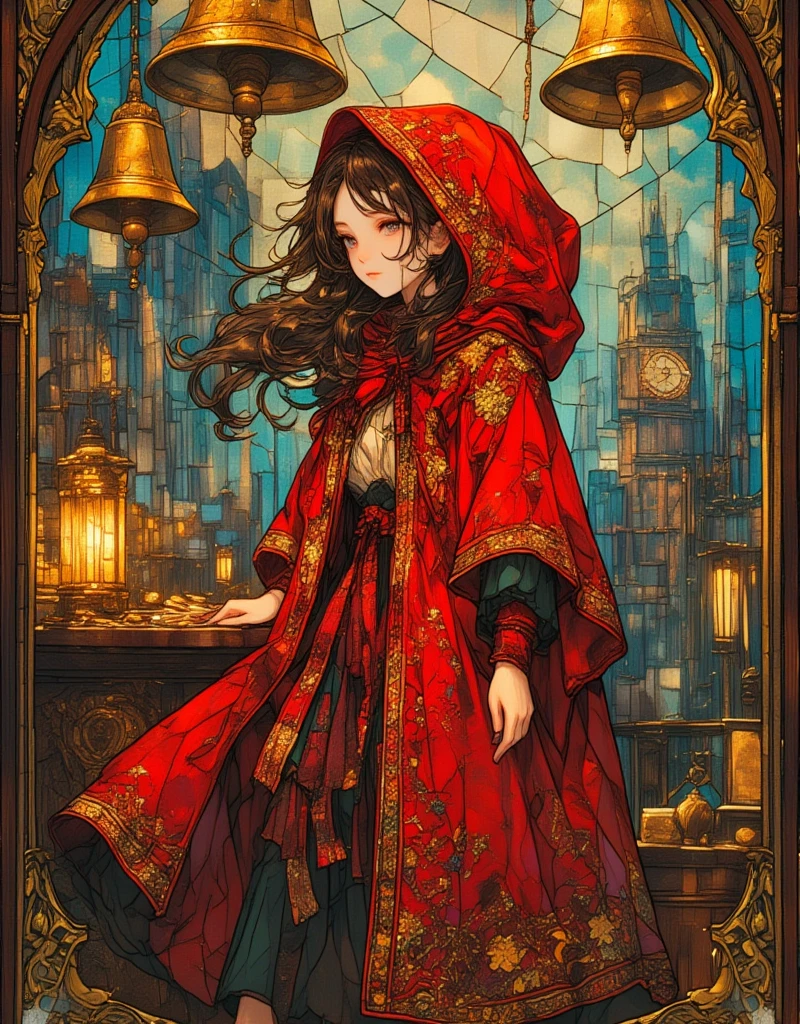 Beautiful girl in classic red Christmas hooded cloak for the holidays, The Little Match Girl, She was selling matches barefoot in the cold without any shoes on, The girl lit a match to try to get a little warmer. Background of a bell tower with hanging gold bells, Beautifully detailed face, Beautifully detailed lips, Highly detailed hair, Long eyelashes, Intricate embroidered pattern on the cloak, Sad mood, Fantasy art in a sad winter setting, fairytale, Rich colors, Vibrant painting, vintage, in the style of james-jean, ArsMJStyle, Stained Glass,