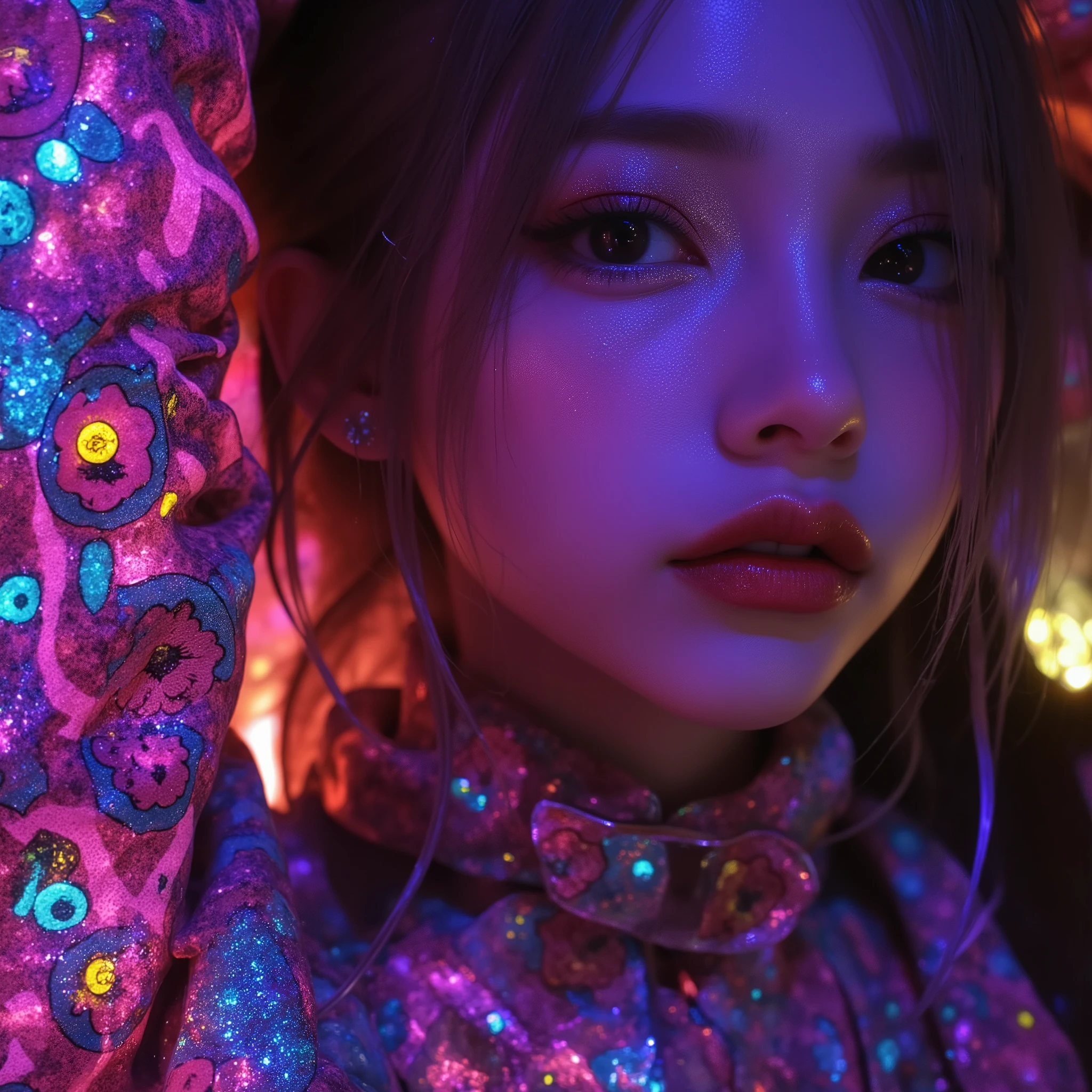 Seductive psychedelic horror, Trippy Hentai, body horror, having sex, real breasts, surreal Sex, LSD trip, sensual, psychedelic oral sex, provocative, colorful, glowing
