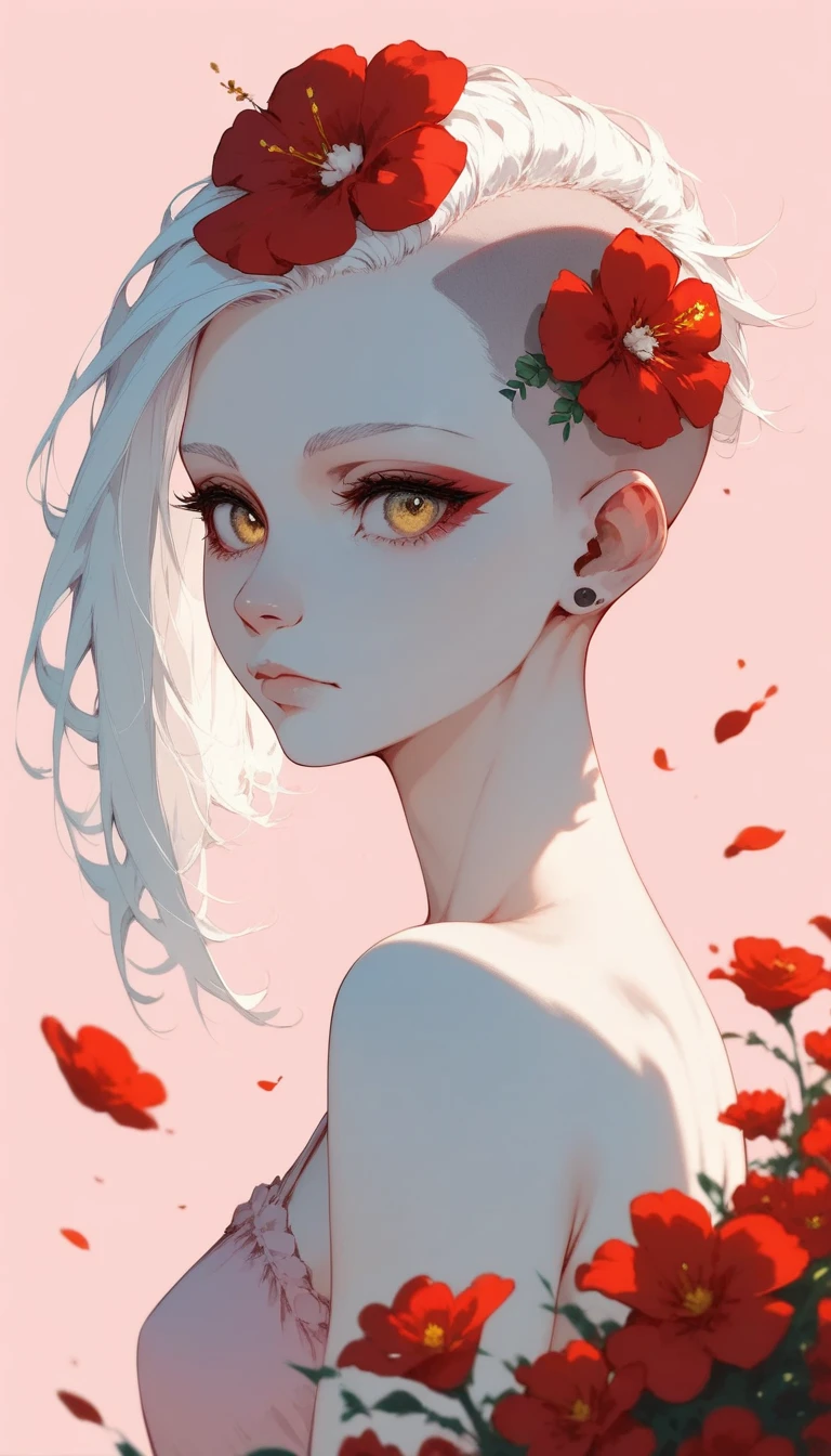 ( complicated details,  beautiful:1.2), Punk Girl, Alone, flower,  yellow eyes:1.7, White Hair, Red Flower,  hair flower, White Flower,  hair accessory as Kamui , from side,  simple background,  upper body, Glancing sideways,  are expressionless, ( pale pink theme with both sides of her head shaved:1.3),  Facing Side , I shaved both sides of my head