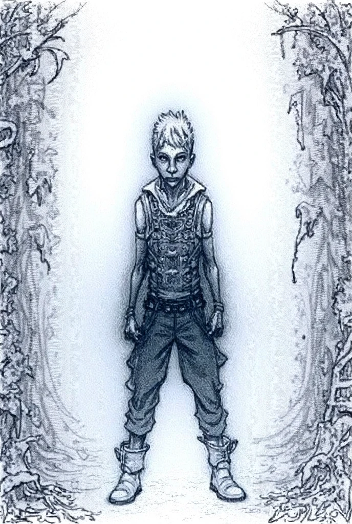 Drawing, fantasy, realism, dynamic pose, detailing, 12-year-old guy, light gray hair, (hair detailing), frightened yellow eyes, (eye detailing), dressed in a shirt and trousers (charred clothing detailing), standing on fire, cave (environment detailing), lots of lava, steps, --auto --s2