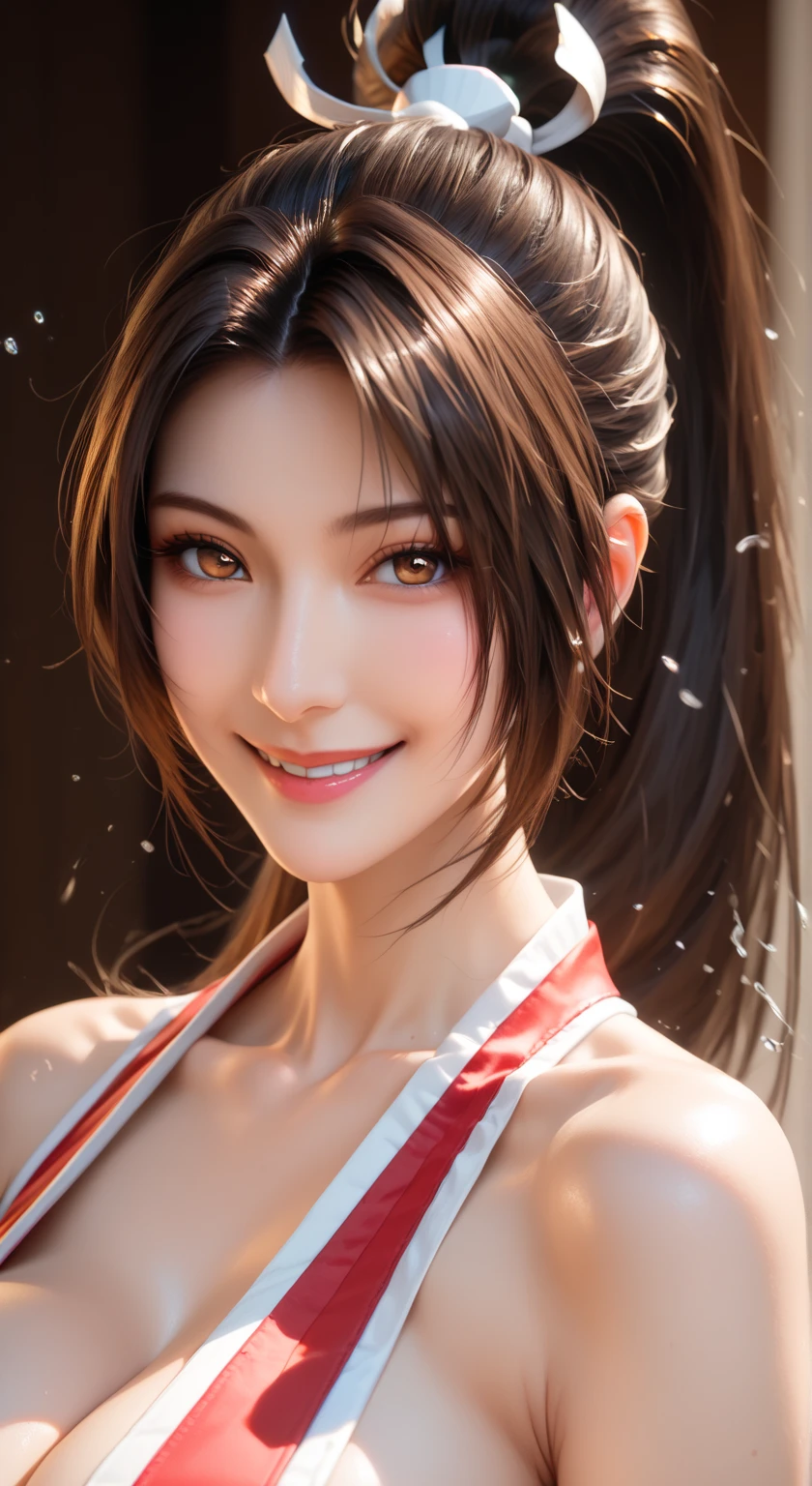 score_9,score_8_up,score_7_up,high res image,masterpiece,best quality,realistic,(big breasts:1.2),Mai Shiranui，(face focus:1.3),(dropping:1.4)，shiranui_mai，(black pupil:1.2),(brown black hair:1.3),(seductive_smile:1.4),