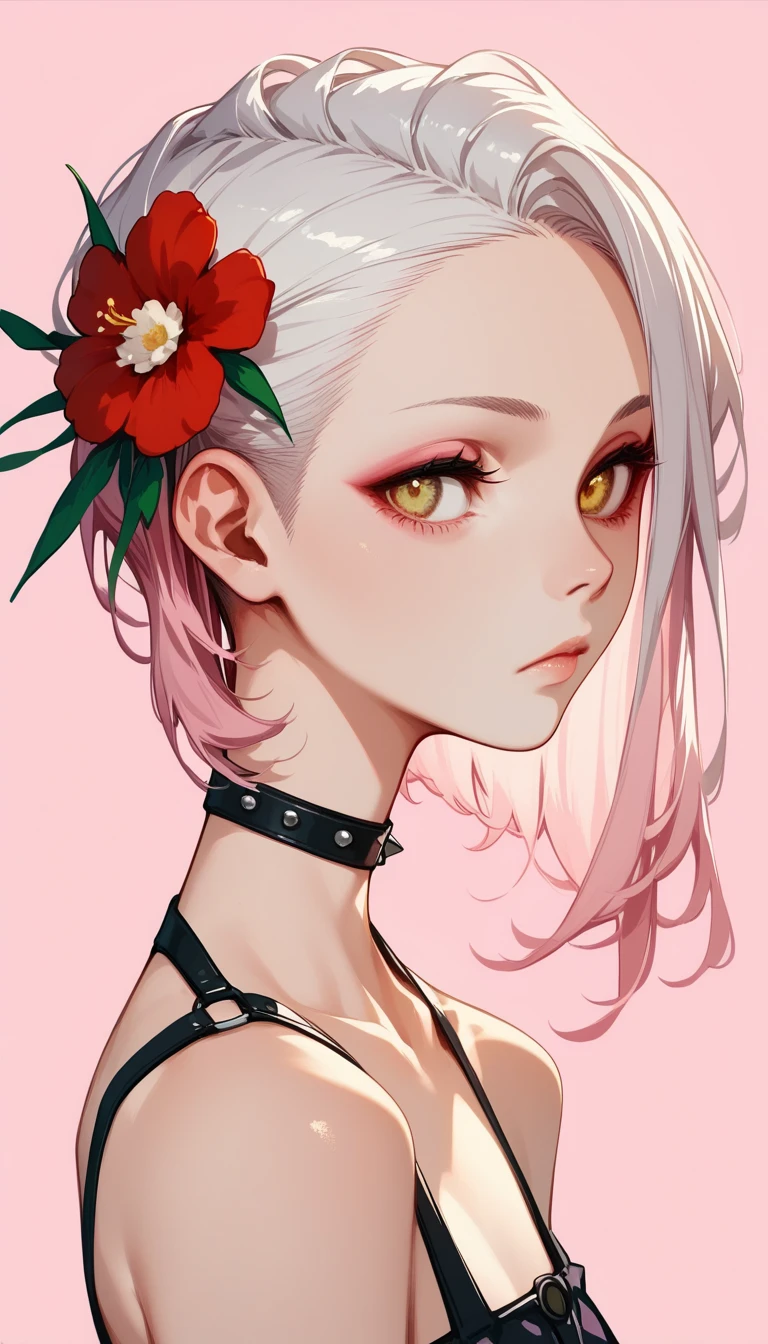 ( complicated details,  beautiful:1.2), Punk Girl, Alone, flower,  yellow eyes:1.7, White Hair, Red Flower,  hair flower, White Flower,  hair accessory as Kamui , from side,  simple background,  upper body, Glancing sideways,  are expressionless, ( pale pink theme with both sides of her head shaved:1.3),  Facing Side , I shaved both sides of my head