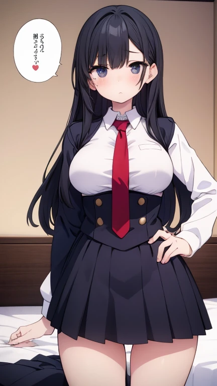 masterpiece, best quality, ultra-detailed, illustration, colorful, flat color, depth of field, 1girl, anime, standing, black hair, long messy hair, black eyes, fake cat ears, looking at viewer, school, classroom, blackboard, black tight longsleeve dress, belt, thighhighs, cat collar with bell, detailed skin texture, detailed cloth texture, beautiful detailed face, small breasts, blush, seductive smile